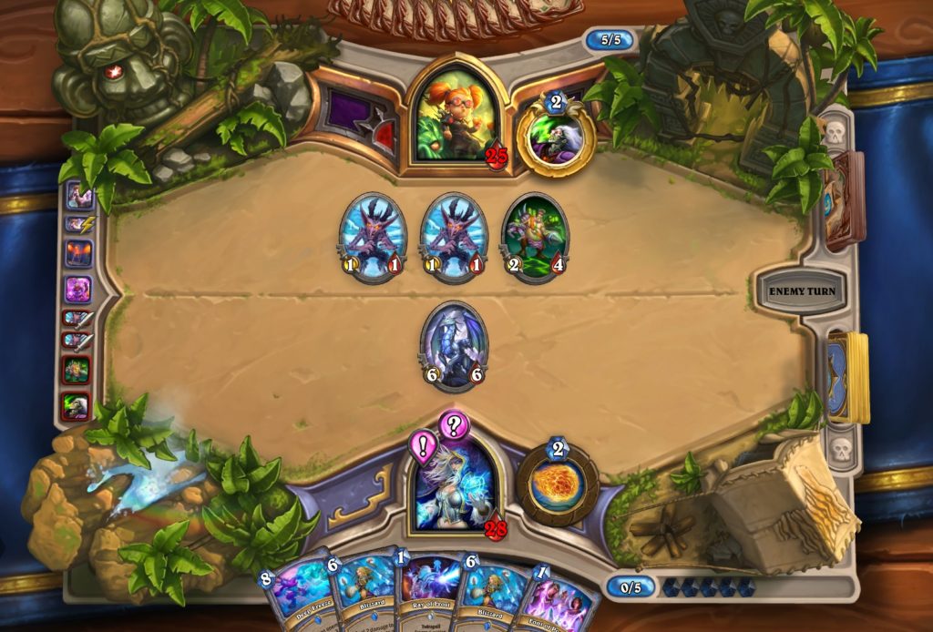 Game board of Hearthstone. Mage vs. Warlock. Several creatures on the board plus two secrets.
