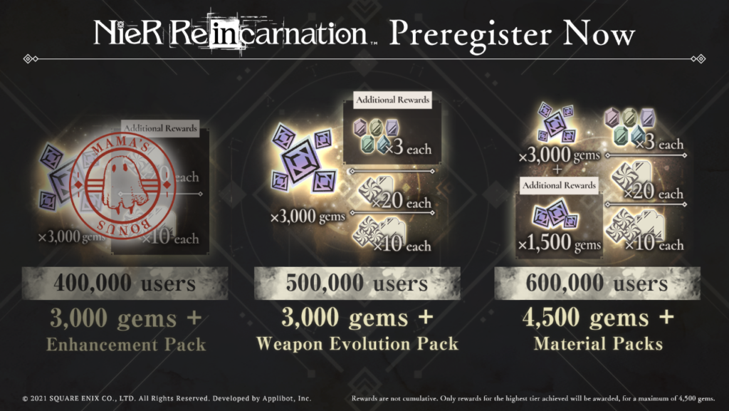Image by Square Enix indicating number of gems earned for Pre-registered users. The next tiers will award 3,000 gems for 500,000 users and 4,500 gems for 600,000 users.