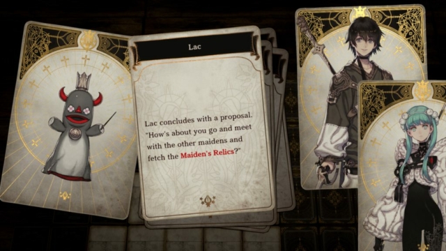 Shows the main character and Laty talking with a puppet named Lac.