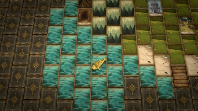 Shows off the world with ocean, land, and cards not turned over yet.