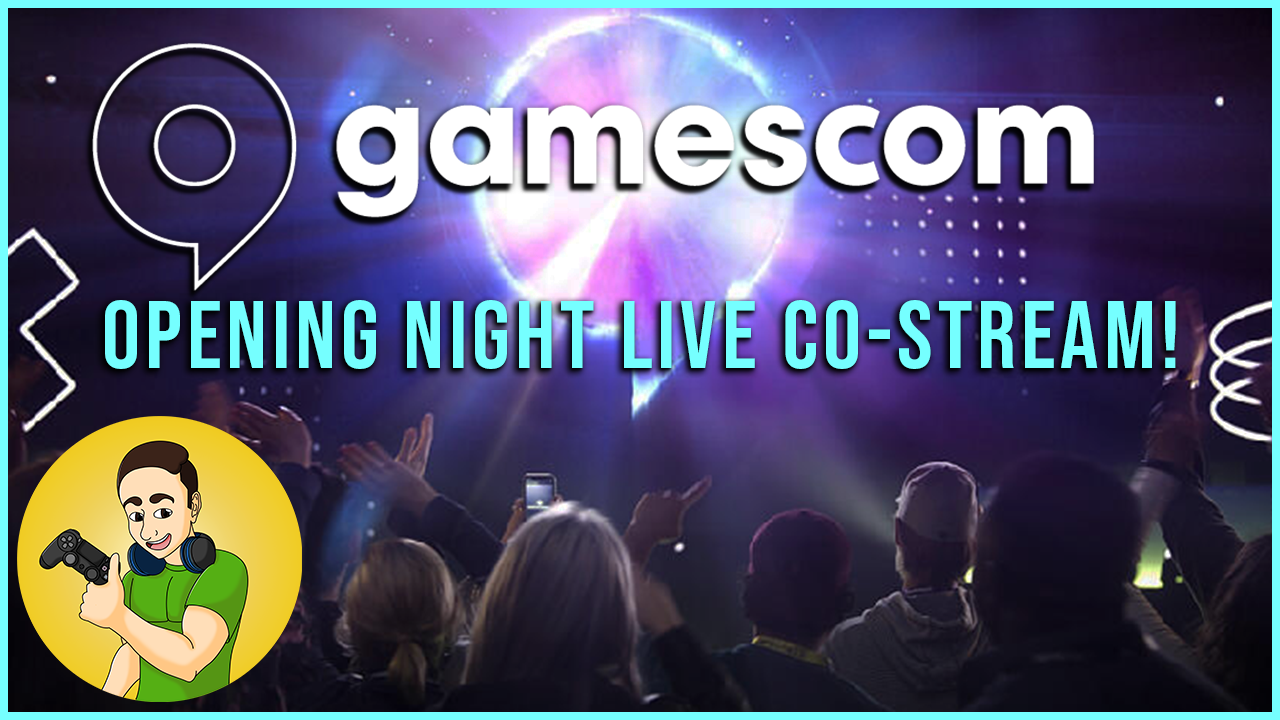 Created image of people standing facing a stage cheering with bright light from Gamescom logo.