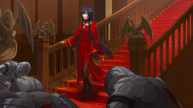 Lady Faratras walks down the stairs in a cutscene.